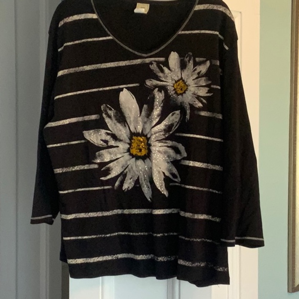 Black and White Striped Floral Top